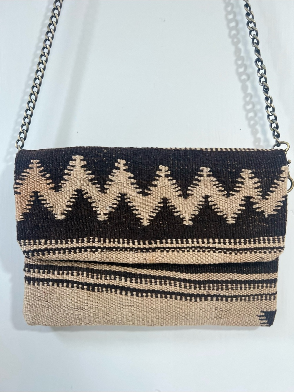 Black & Tan Woven Zigzag Crossbody Bag with Chain Strap, Handmade in Morocco